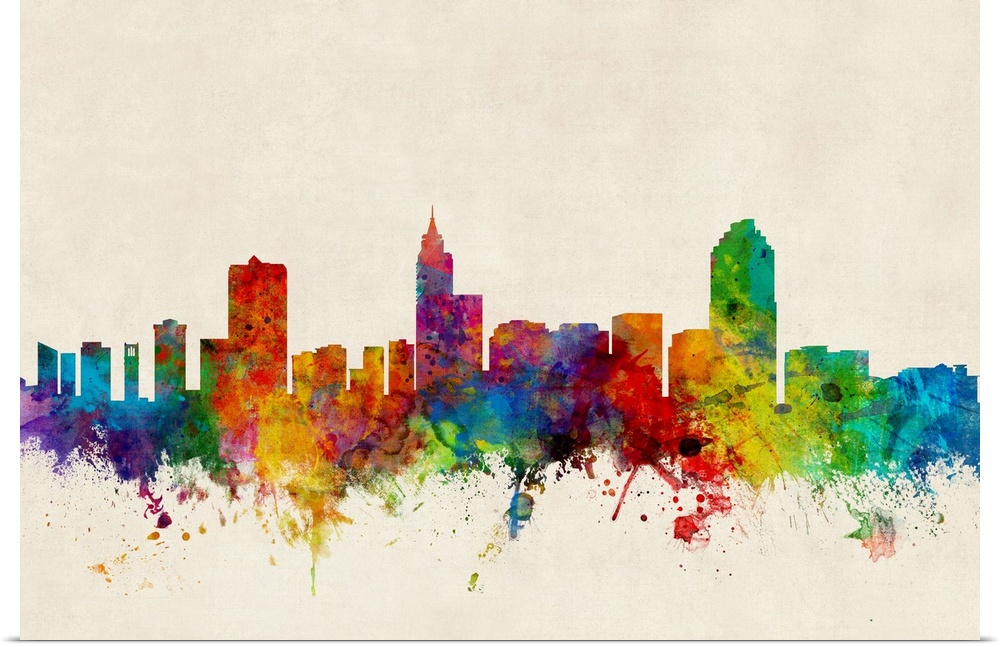 A splattered and splashed watercolor silhouette of the Raleigh city skyline against a distressed background.