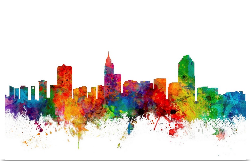 Colorful watercolor splattered silhouetted of the Raleigh city skyline.