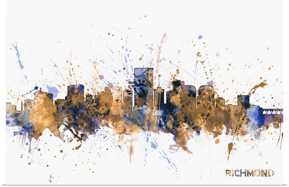 Watercolor and paint splashes art print of the skyline of Richmond, Virginia, United States