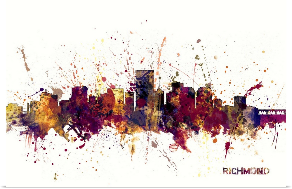 Watercolor and paint splashes art print of the skyline of Richmond, Virginia, United States