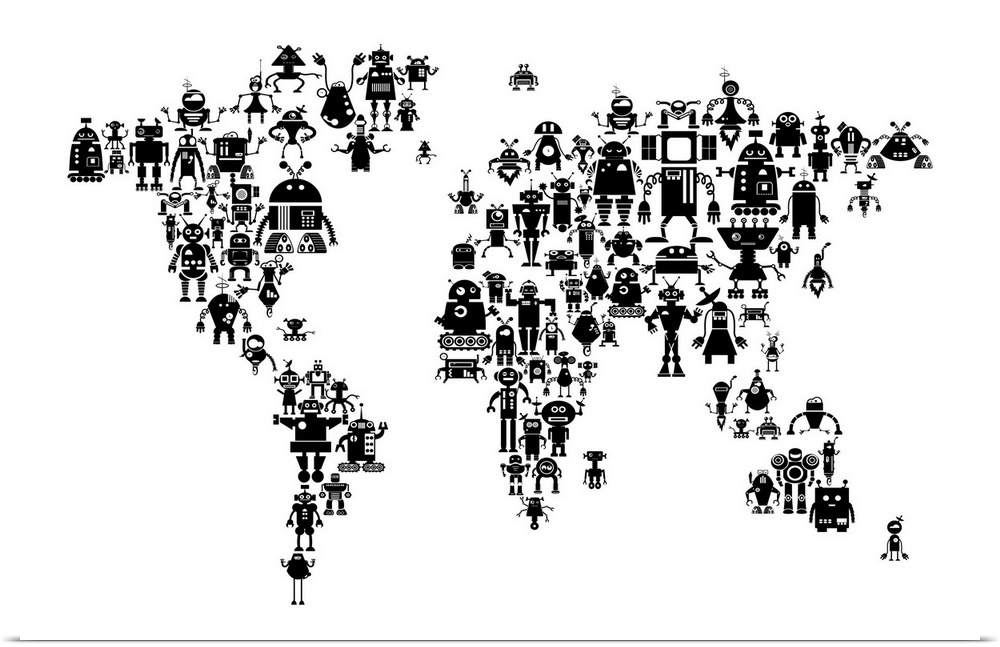 Contemporary world map artwork made of robots.