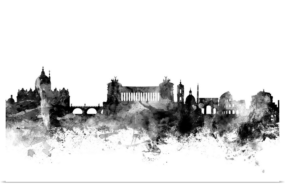 Contemporary artwork of the Rome city skyline in black watercolor paint splashes.