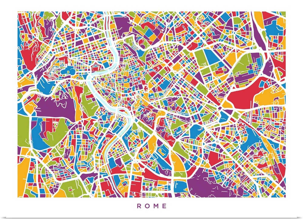 A street map of Rome, Italy, with coloured land areas.