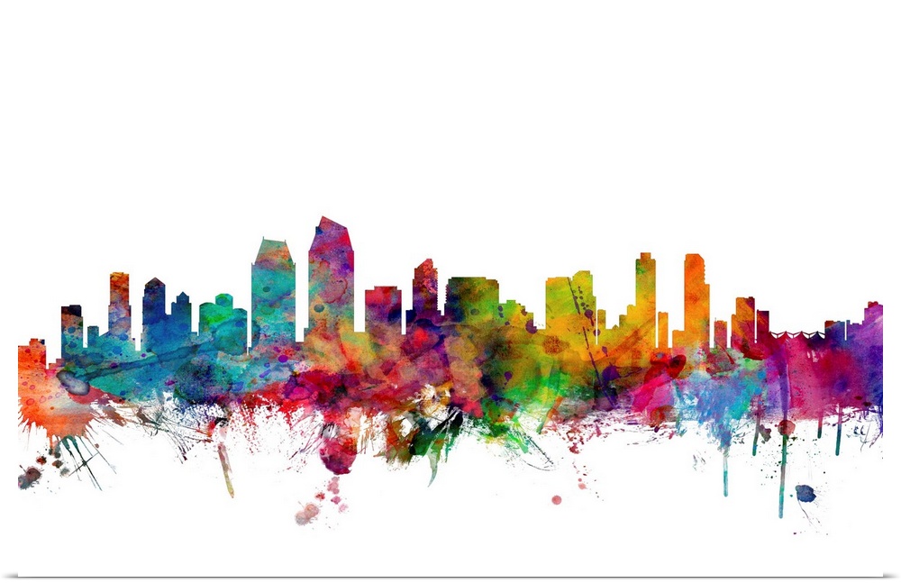 Watercolor artwork of the San Diego skyline against a white background.