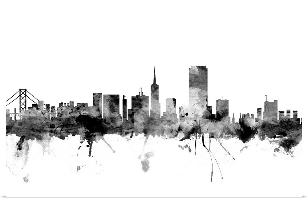 Contemporary artwork of the San Francisco city skyline in black watercolor paint splashes.