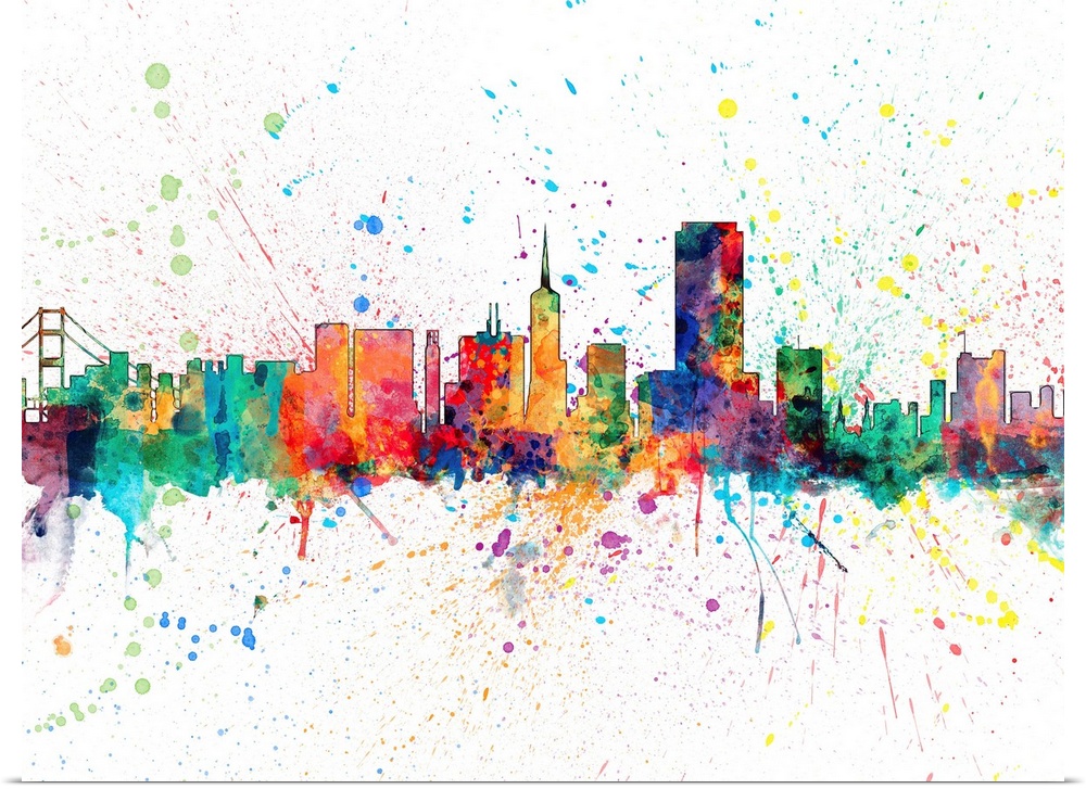Wild and vibrant paint splatter silhouette of the San Francisco skyline.