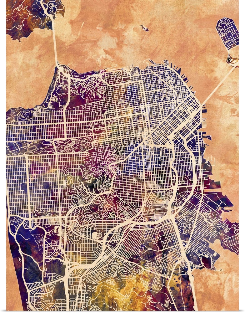 Contemporary colorful city street map of San Francisco.