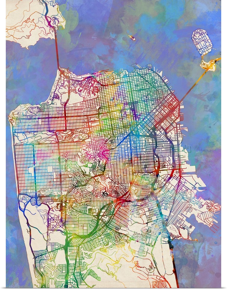 Contemporary watercolor city street map of San Francisco.