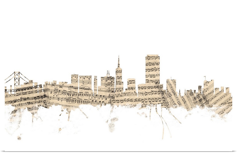 San Francisco skyline made of sheet music against a white background.