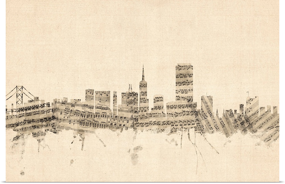 San Francisco skyline made of sheet music against a weathered beige background.