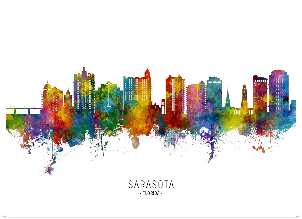 Watercolor art print of the skyline of Sarasota, Florida, United States