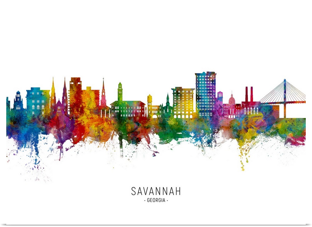 Watercolor art print of the skyline of Savannah, Georgia