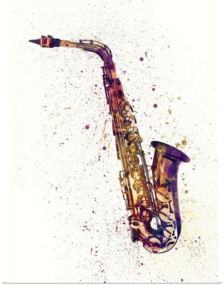 Contemporary artwork of a saxophone with bright colorful watercolor paint splatter all over it.