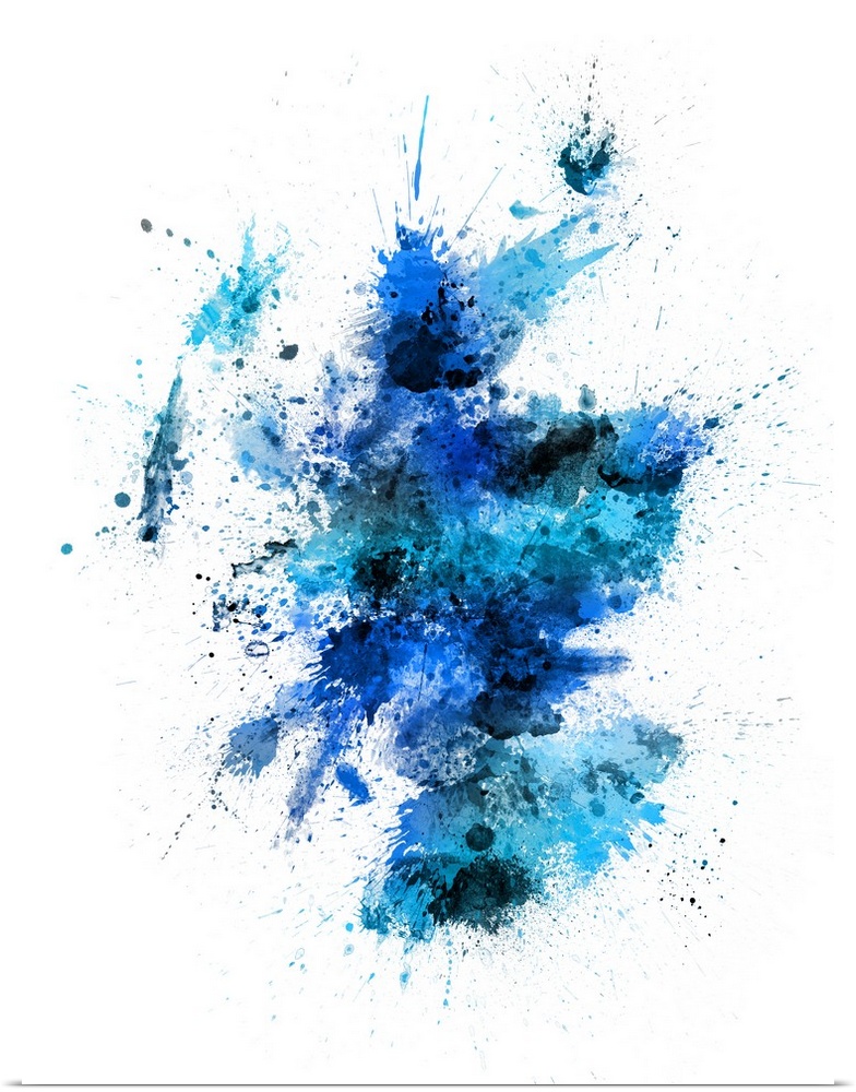 Contemporary art map of Scotland made up of blue watercolor paint splashes.