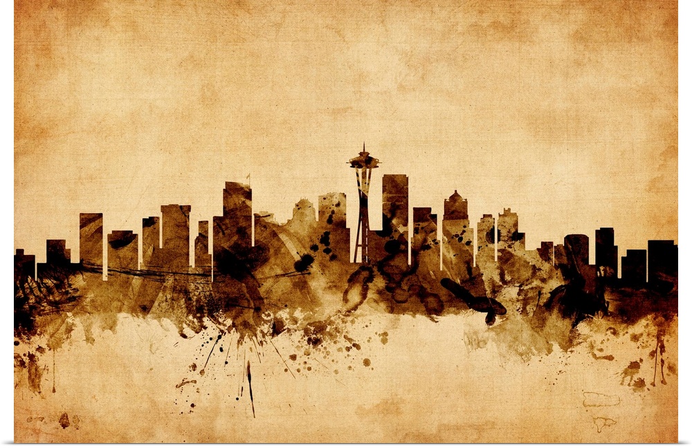 Contemporary artwork of the Seattle city skyline in a vintage distressed look.