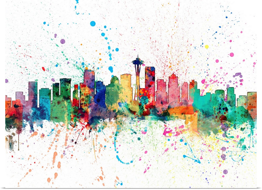 Wild and vibrant paint splatter silhouette of the Seattle skyline.