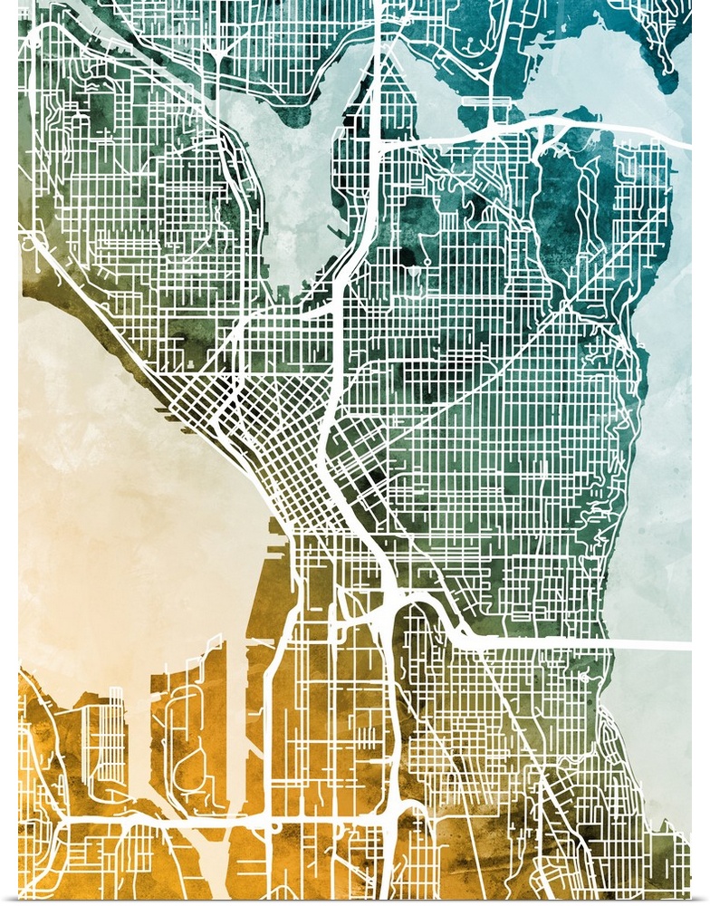 Watercolor street map of Seattle, Washington, United States
