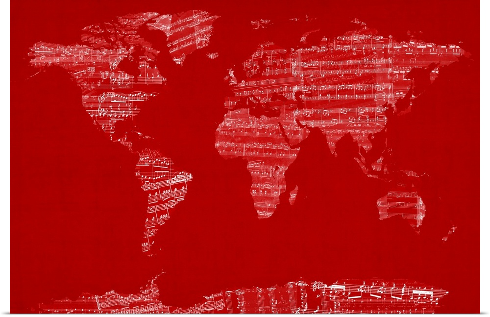 Decorative artwork of a world map where the land is filled in with music notes.
