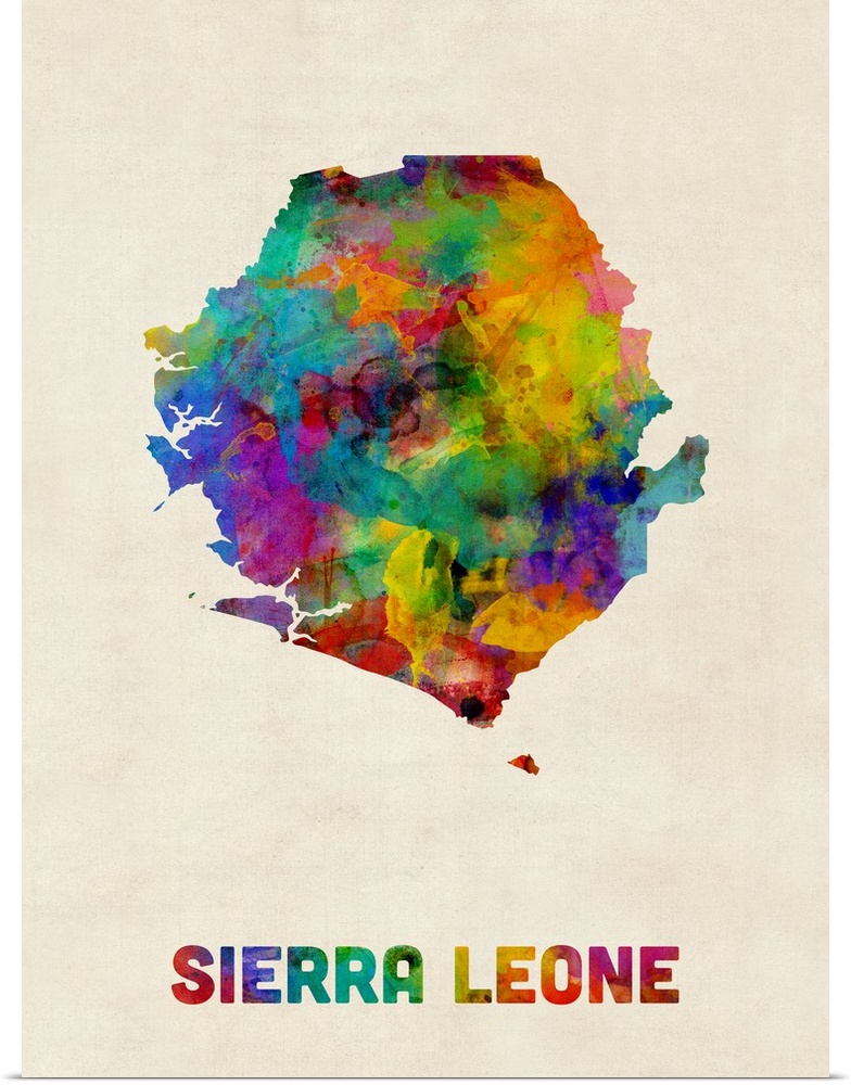 A watercolor map of Sierra Leone.