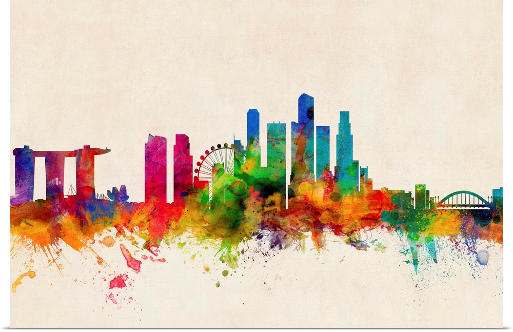 Contemporary piece of artwork of the Singapore skyline made of colorful paint splashes.