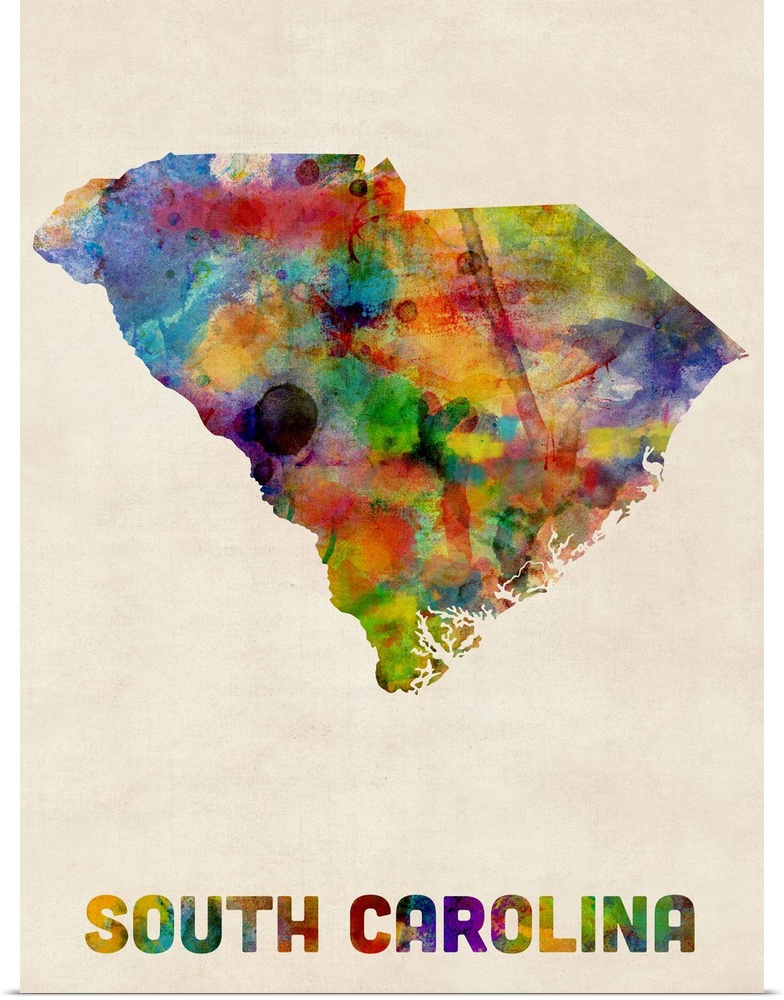 Contemporary piece of artwork of a map of South Carolina made up of watercolor splashes.