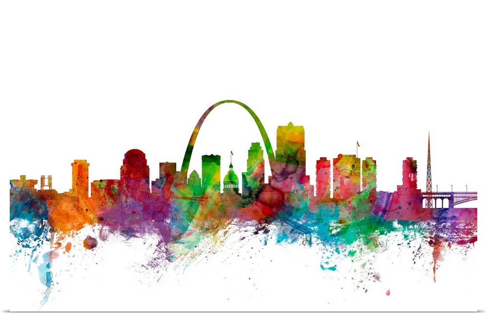 Watercolor artwork of the St Louis skyline against a white background.