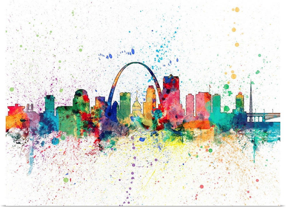 Wild and vibrant paint splatter silhouette of the St Louis skyline.