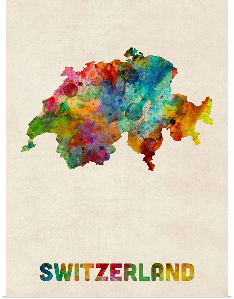 Contemporary piece of artwork of a map of Switzerland made up of watercolor splashes.