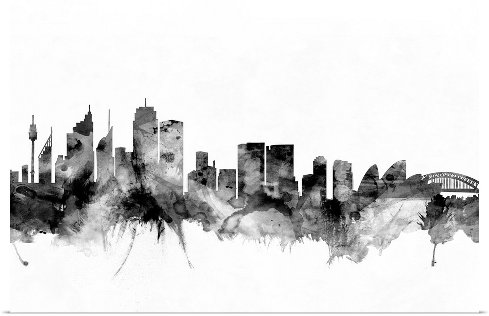 Contemporary artwork of the Sydney city skyline in black watercolor paint splashes.