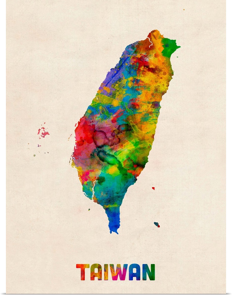 Colorful watercolor art map of Taiwan against a distressed background.