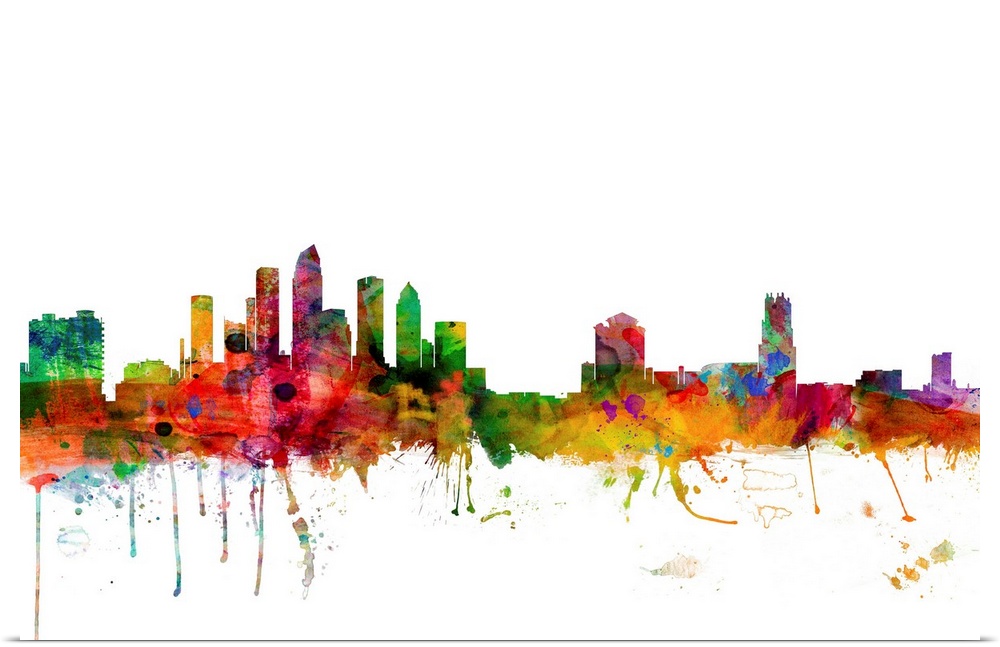 Watercolor artwork of the Tampa skyline against a white background.