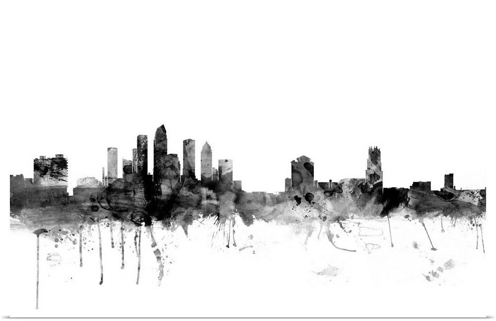 Smokey dark watercolor silhouette of the Tampa city skyline.