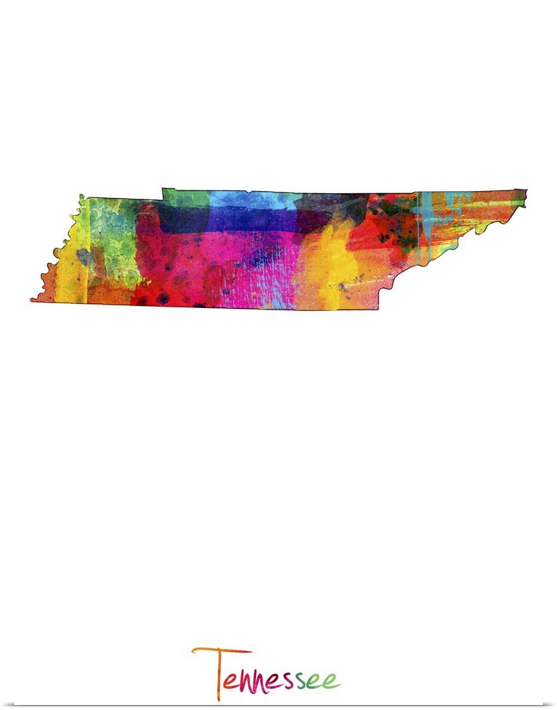 Contemporary artwork of a map of Tennessee made of colorful paint splashes.