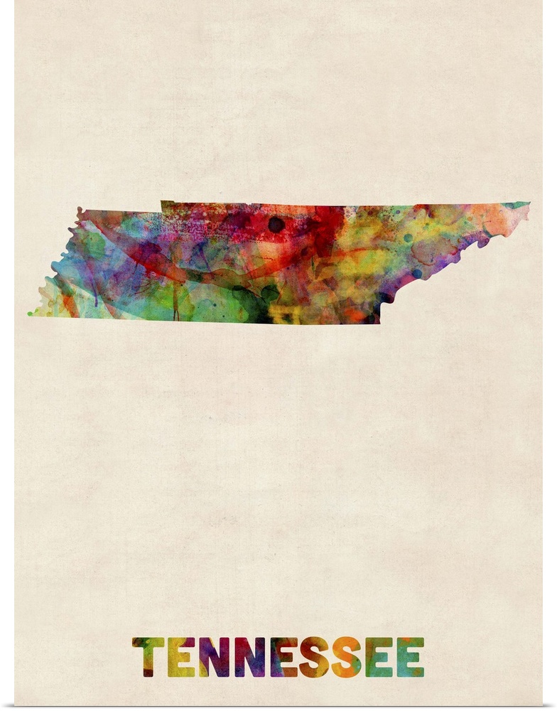 Contemporary piece of artwork of a map of Tennessee made up of watercolor splashes.