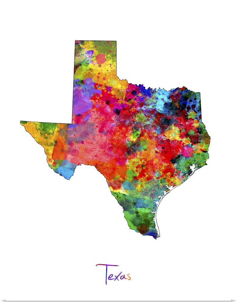 Contemporary artwork of a map of Texas made of colorful paint splashes.