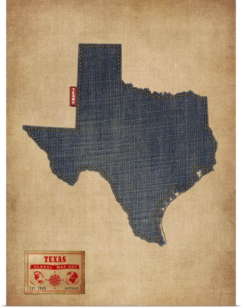 Contemporary artwork of the state of Texas made of denim, against a rustic background.