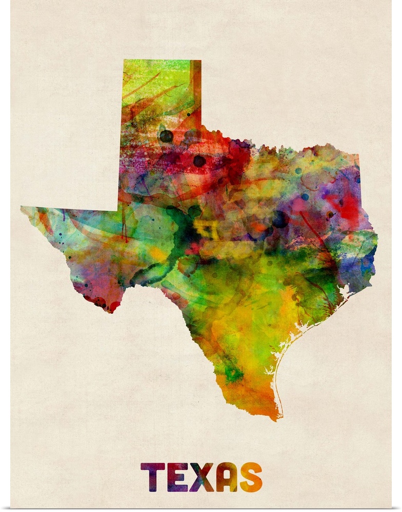 Contemporary piece of artwork of a map of Texas made up of watercolor splashes.