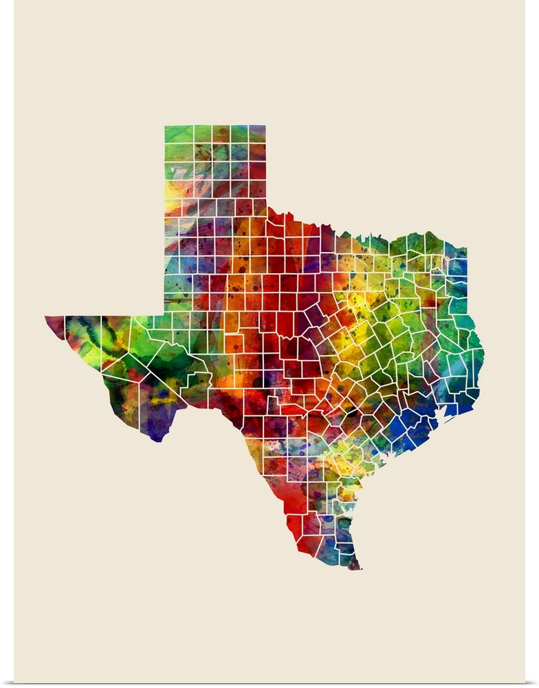 A watercolor map of Texas, United States, featuring country borders