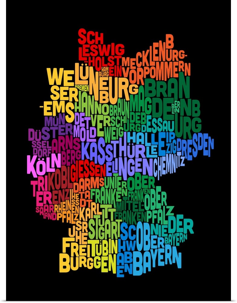 Typography art map of Germany against a black background.