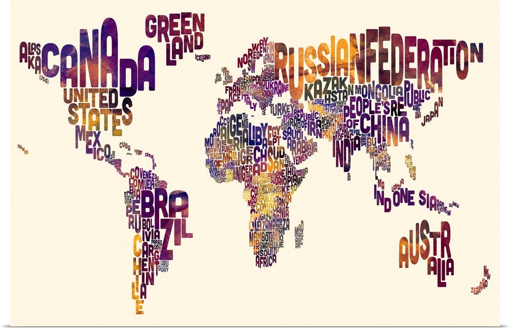 Contemporary typography world map artwork. The name of the country makes up its shape.