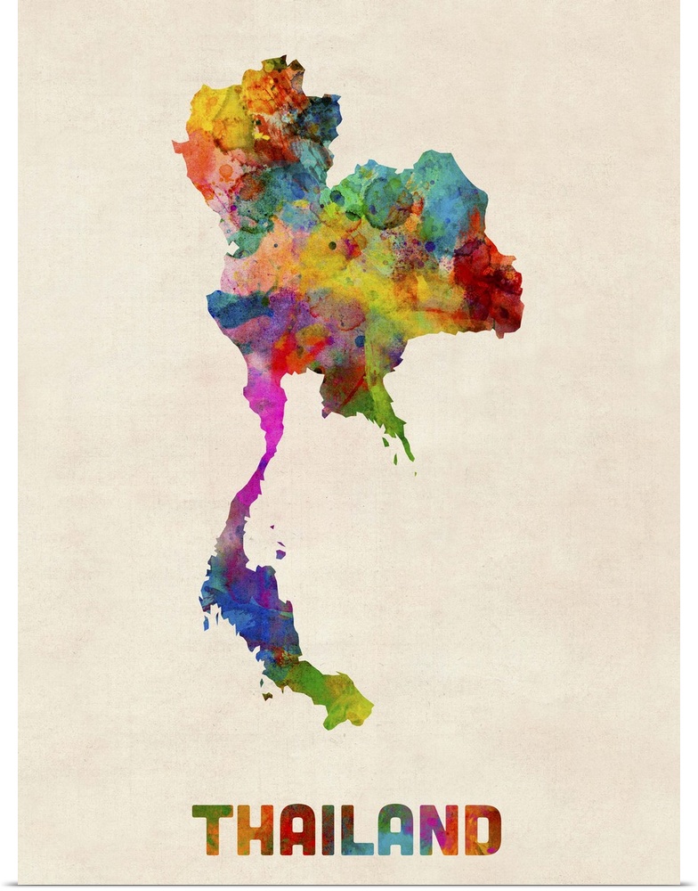 Colorful watercolor art map of Thailand against a distressed background.