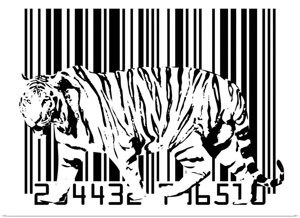 This abstract artwork is of a white tiger that blends in with a barcode just behind him.