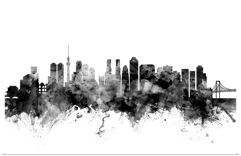 Contemporary artwork of the Tokyo city skyline in black watercolor paint splashes.