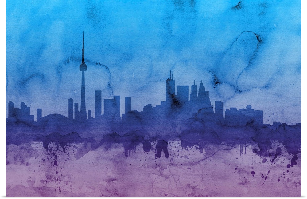 Contemporary artwork of the Toronto skyline silhouetted in dark blue and purple watercolors.