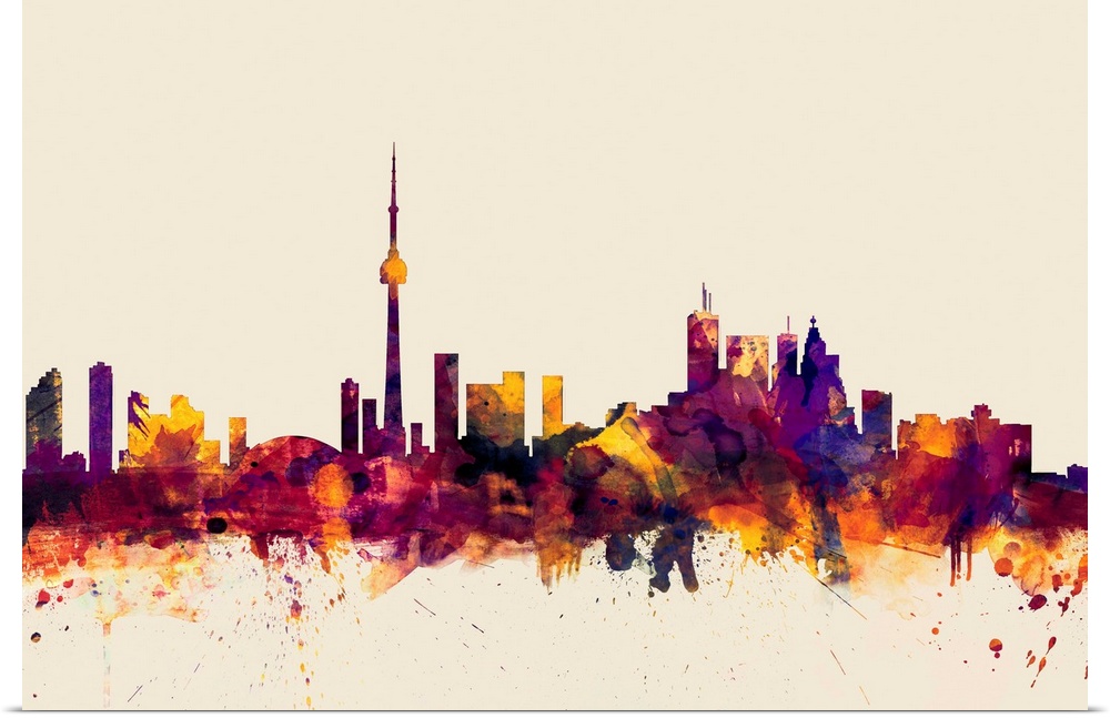 Watercolor artwork of the Toronto skyline against a beige background.
