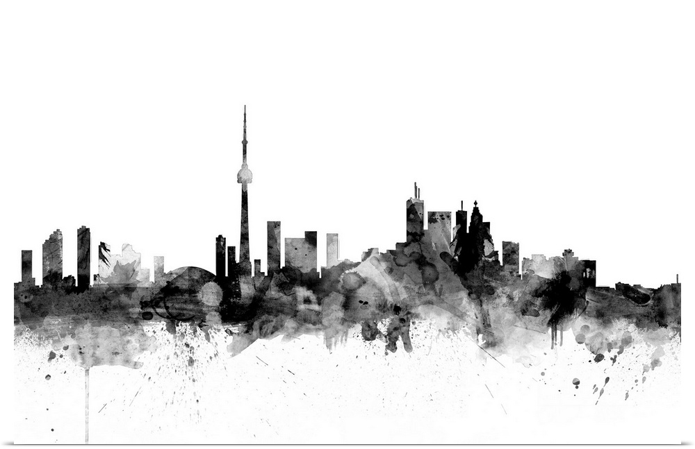 Contemporary artwork of the Toronto city skyline in black watercolor paint splashes.