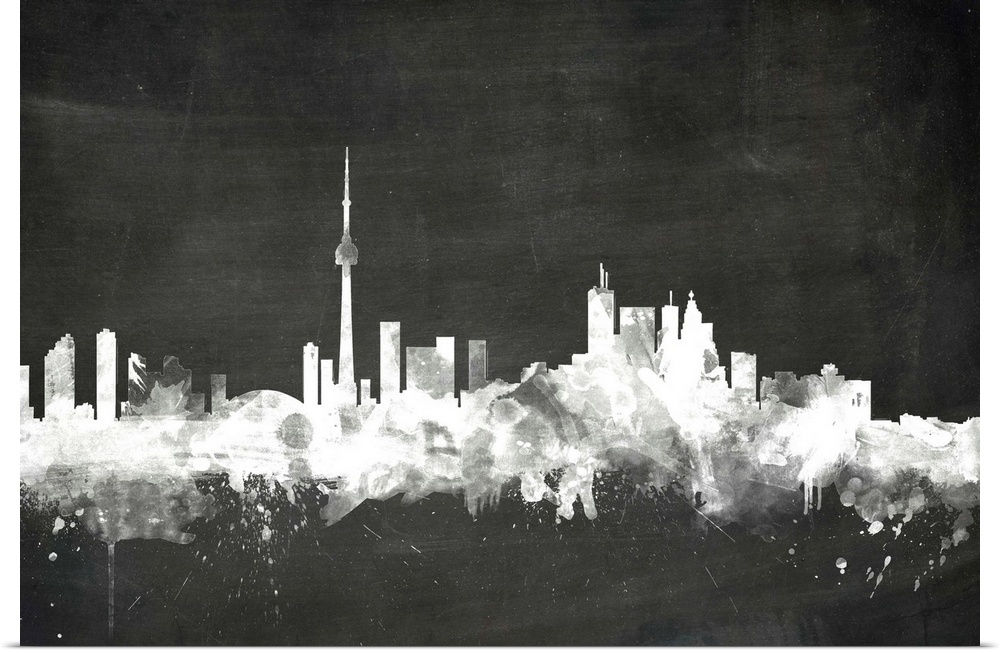 Smokey dark watercolor silhouette of the Toronto city skyline against chalkboard background.