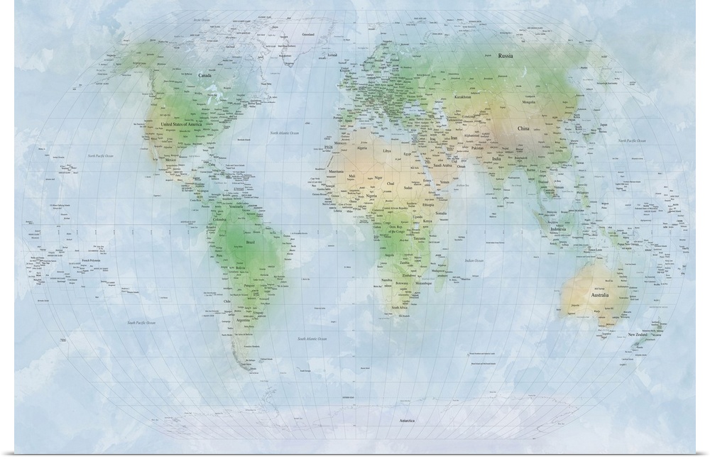 Traditional world map with countries, cities, and oceans labeled with topography colors.