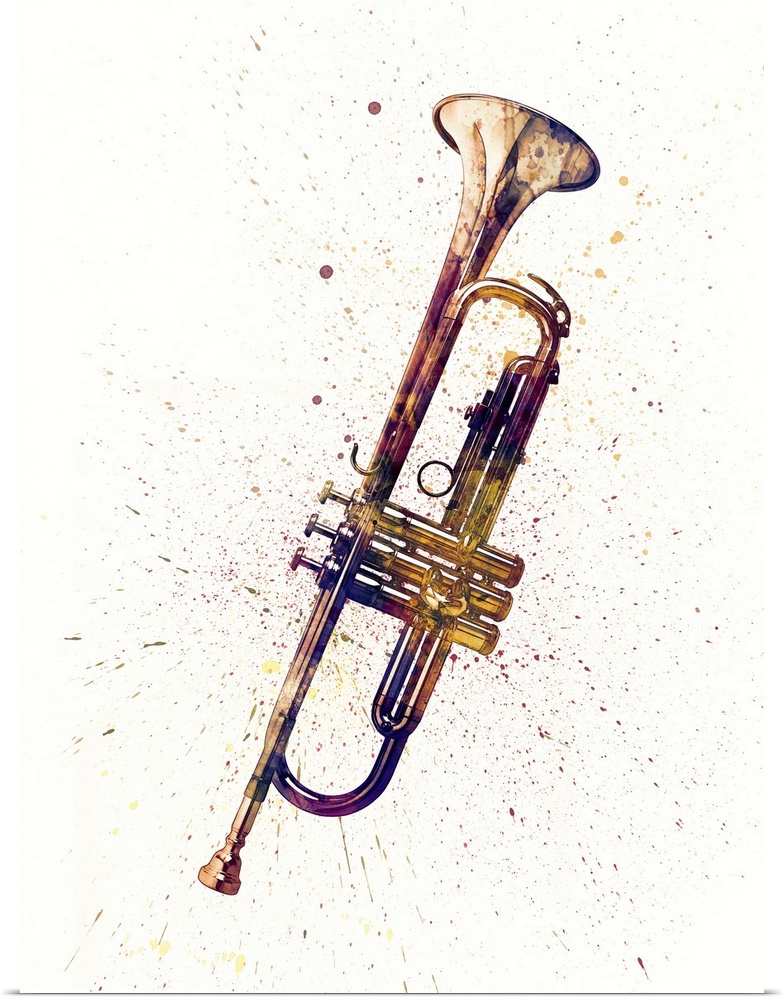 Contemporary artwork of a trumpet with bright colorful watercolor paint splatter all over it.