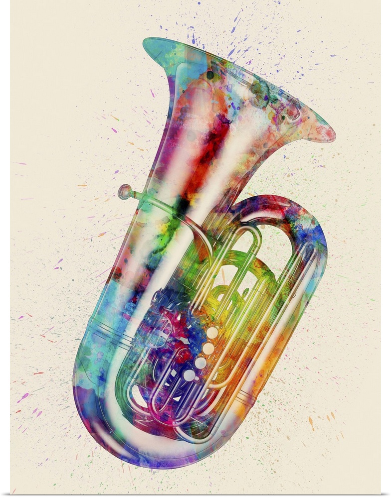 An abstract watercolor print of a Tuba.